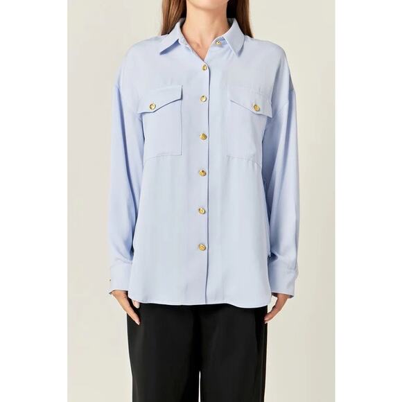English Factory Sz S Gold Button Shirt Blouse Long Sleeve Blue Button Up Great! - Picture 1 of 7